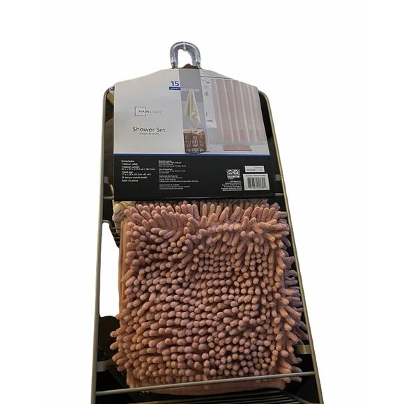 Mainstays Shower Set Caddy 15pc Rug Pink Curtain Rug Hooks Bathroom Accessories - Picture 10 of 10